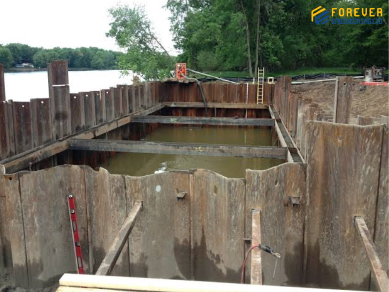Sheet pile cofferdam construction